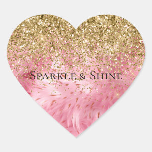 Glam Gold Glitter Pink Faux Fur Heart Sticker