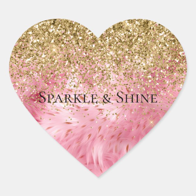 Glam Gold Glitter Pink Faux Fur Heart Sticker (Front)