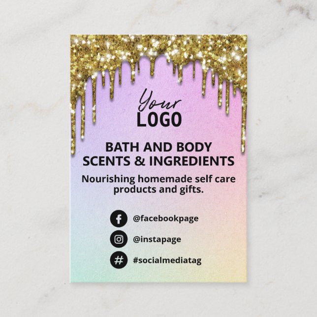 Glam Gold Glitter Rainbow Spa Ingredient List Logo Business Card (Front)