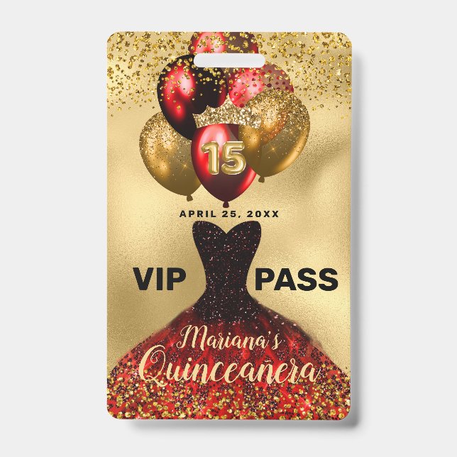Glam Gold Glitter Red Dress Quinceanera VIP Badge ID Badge (Front)