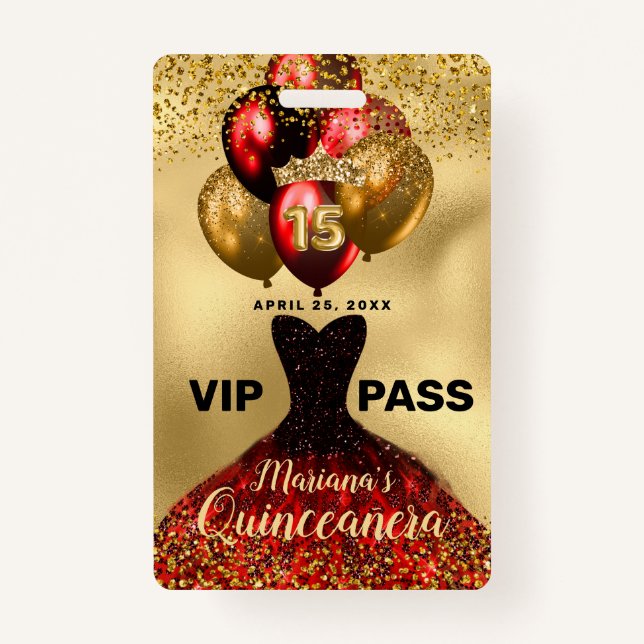 Glam Gold Glitter Red Dress Quinceanera VIP Badge ID Badge (Front)