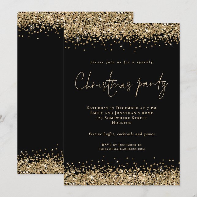 Glam Gold Glitter Script Christmas Party Black Invitation (Front/Back)