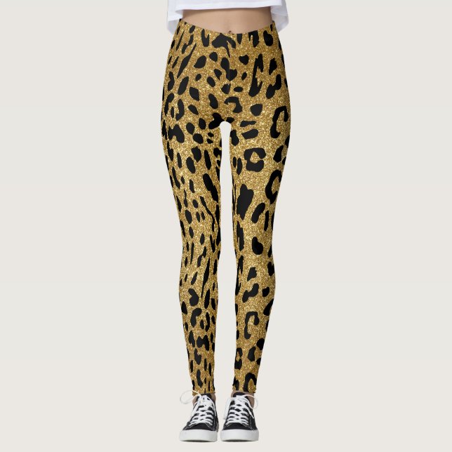 Glam Gold Glitter Smooth Leopard Pattern Leggings (Front)