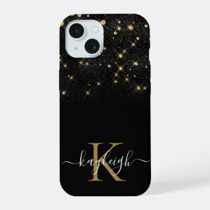 Glam Gold Glitter Sparkling Elegant Luxe Monogram iPhone 15 Case