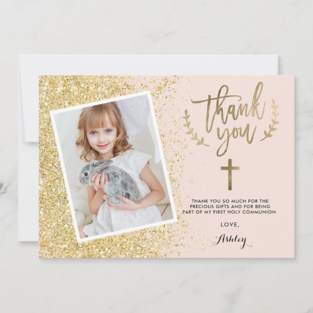 Glam gold glitter thank you first communion photo card (Front)
