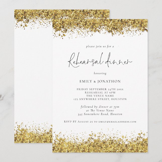 Glam Gold Glitter Wedding Rehearsal Dinner Invitation (Front/Back)