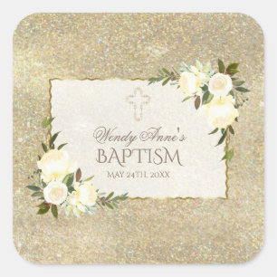 Glam Gold Glitter White Floral Baptism Invite Square Sticker