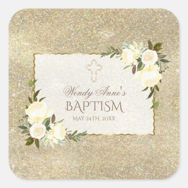Glam Gold Glitter White Floral Baptism Invite Square Sticker (Front)
