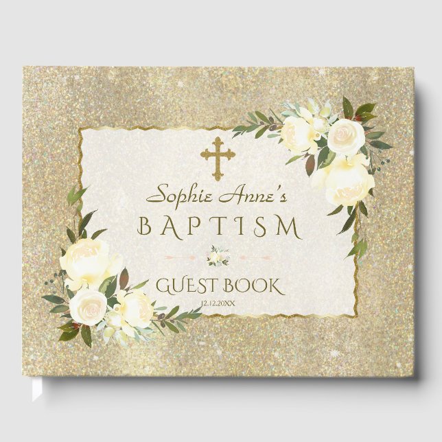 Glam Gold Glitter White Floral Girl Baptism Guest Book (Front)