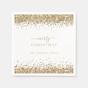 Glam Gold Glitter White Name Merry Christmas  Napkin