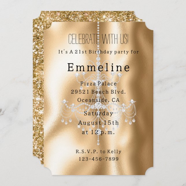 Glam Gold Glitzy Diamonds Chandelier Invitation (Front/Back)