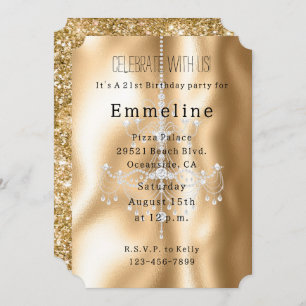 Glam Gold Glitzy Diamonds Chandelier Invitation