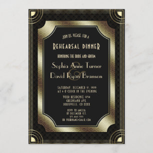Glam Gold Great Gatsby Art Deco Rehearsal Dinner Invitation