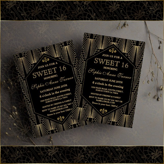 Glam Gold Great Gatsby Art Deco Sweet 16 Party Invitation (sweet 16 invitation, great Gatsby sweet 16 invite, trendy gold black sweet sixteen invite)