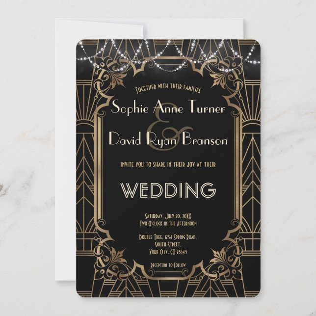 Glam Gold Great Gatsby Black Art Deco 20s Wedding Invitation (Front)