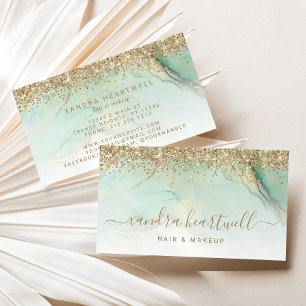 Glam Gold Green Marble Glitter Script Business Card