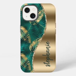 Glam Gold Green Tropical Foliage Pattern Name iPhone 13 Case