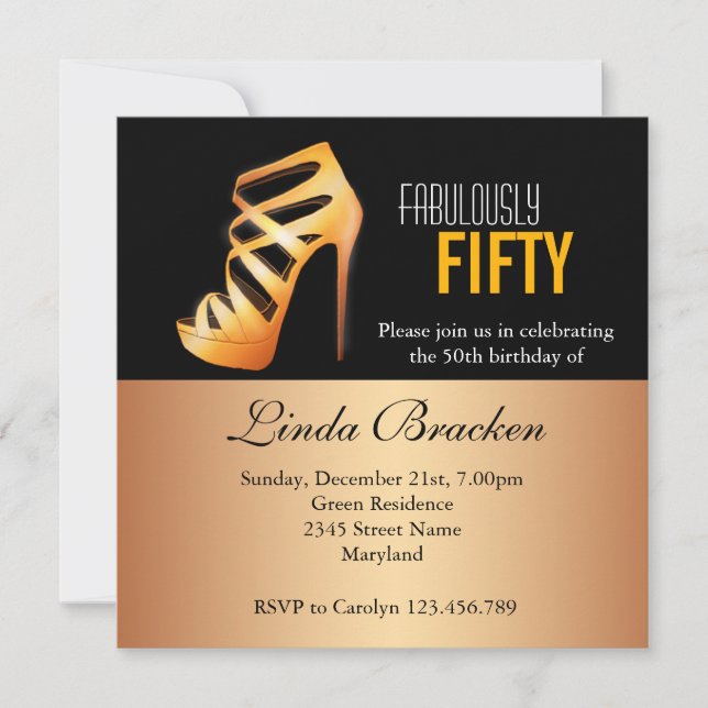 Glam Gold High Heel Shoe 50th Birthday Invite (Front)
