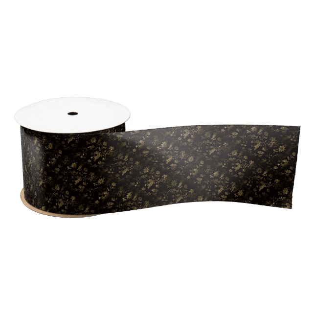 Glam gold leaves pattern brown satin ribbon (Spool)