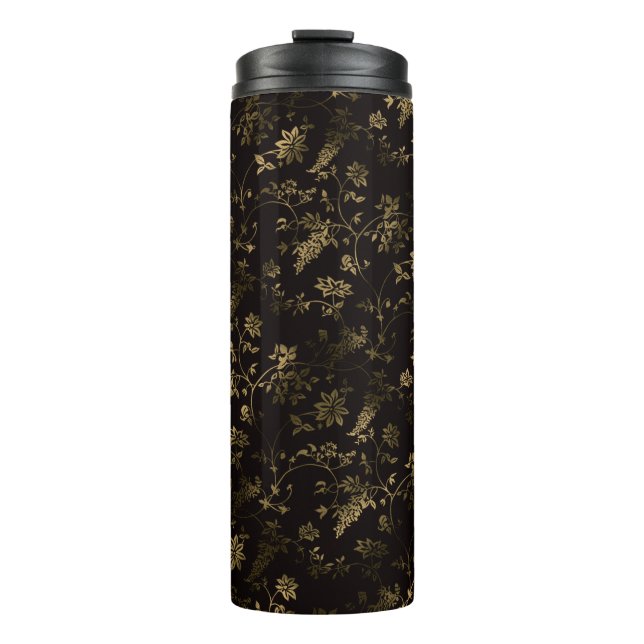 Glam gold leaves pattern brown thermal tumbler (Front)