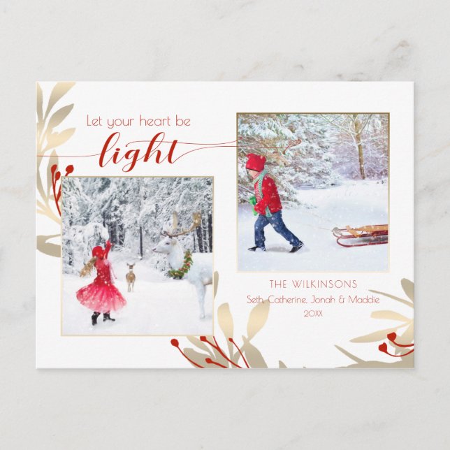 Glam Gold Leaves & Script 2-Photo Holiday Postcard (Front)