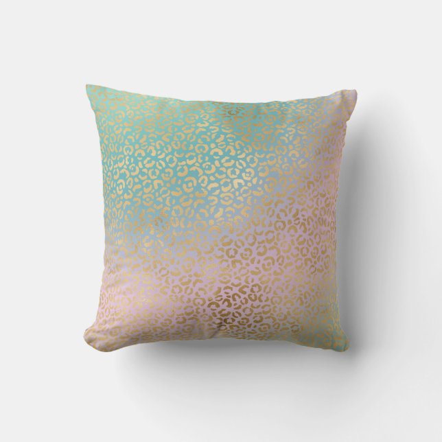 Glam Gold Leopard Print Aqua Pink Tie Dye Cushion (Front)