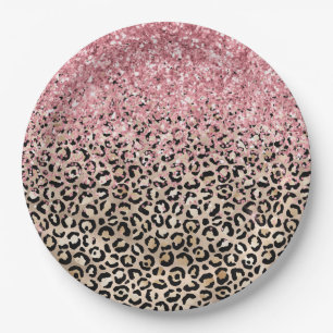 Glam Gold Leopard Print Glitzy Pink Glitter Paper Plate