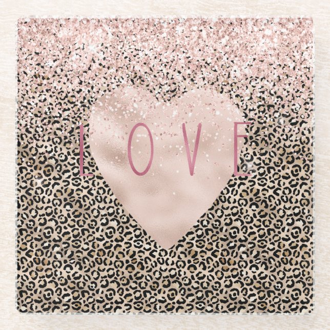 Glam Gold Leopard Print Pink Glitter Love Heart Glass Coaster (Front)