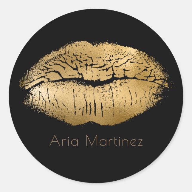 Glam Gold Lips Kiss Black Makeup Personalised Classic Round Sticker (Front)