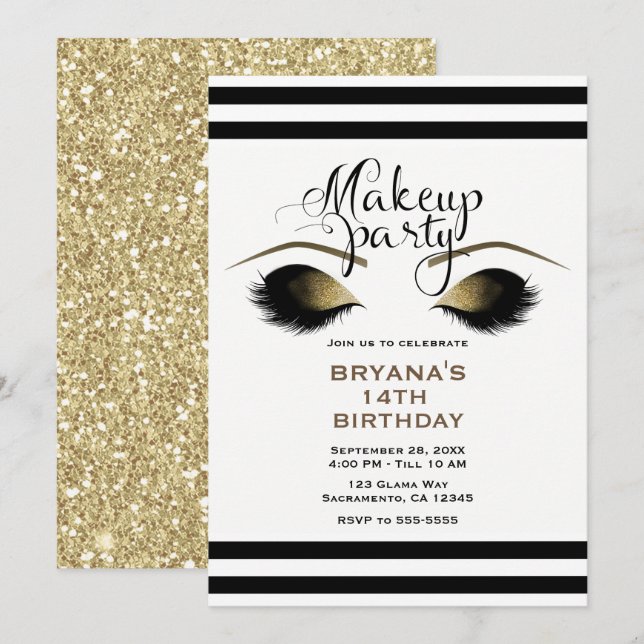 Glam Gold Makeup Eyelashes Beauty Custom Party Invitation (Front/Back)