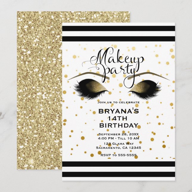 Glam Gold Makeup Eyelashes Beauty Dots Party Invitation (Front/Back)