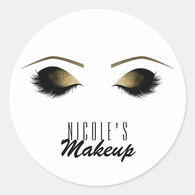 Glam Gold Makeup Eyelashes Personalised Custom Classic Round Sticker (Front)