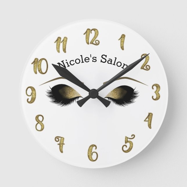 Glam Gold Makeup Eyes & Lashes Personalized Round Clock (Front)
