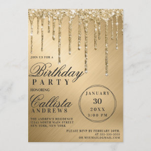 Glam Gold Metallic Glitter Drips Birthday Invitation
