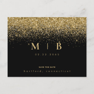 Glam Gold Monogram Black Save the Date Postcard