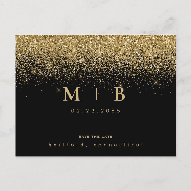 Glam Gold Monogram Black Save the Date  Postcard (Front)