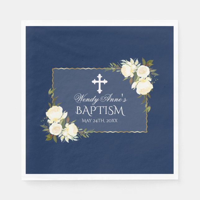 Glam Gold Navy Blue White Floral Baptism Invite Napkin (Front)