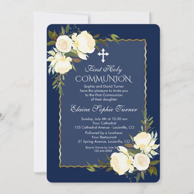 Glam Gold Navy Blue White Floral First Communion Invitation (Front)