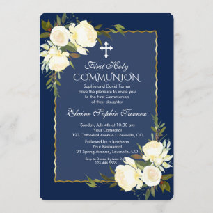 Glam Gold Navy Blue White Floral First Communion Invitation