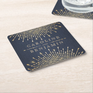 Glam gold navy deco vintage wedding monogram square paper coaster