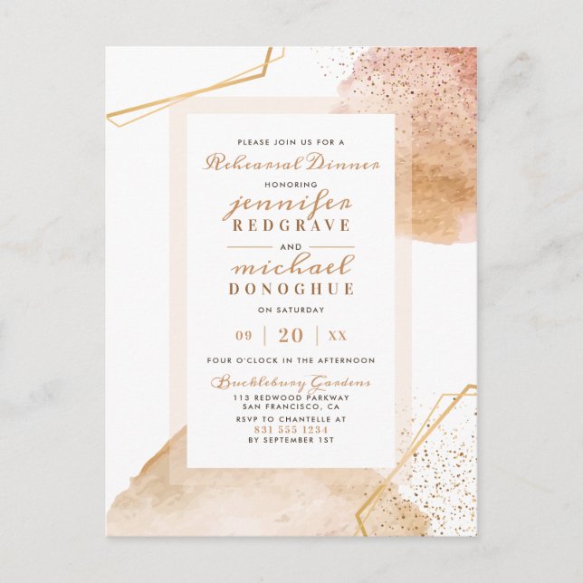 Glam Gold Painted Dots Geometric Rehearsal Dinner Invitation Postcard (Front)