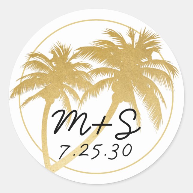 Glam Gold Palm Tree Beach Wedding Monogram Classic Round Sticker (Front)