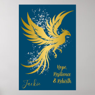 Glam Gold Phoenix Silver Glitter Monogram Blue   Poster
