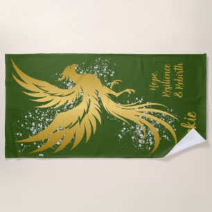 Glam Gold Phoenix Silver Glitter Monogram Green Beach Towel