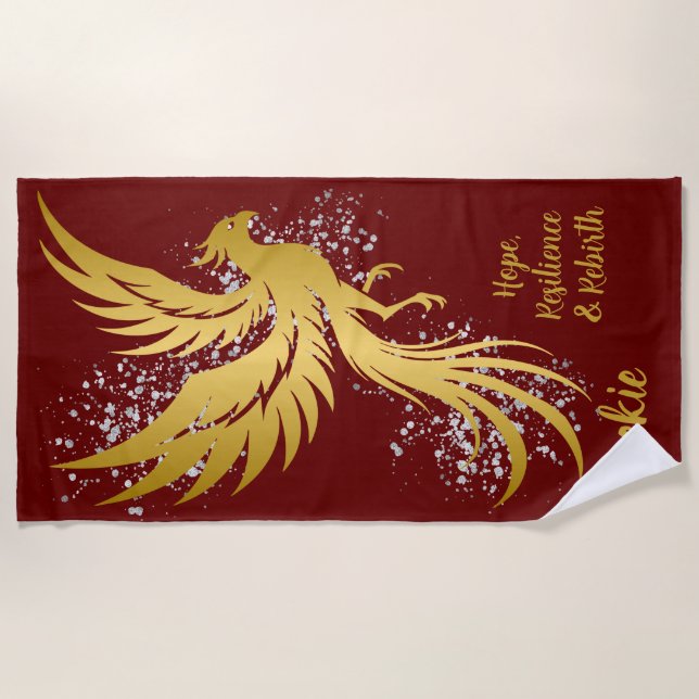 Glam Gold Phoenix Silver Glitter Monogram Maroon | Beach Towel (Front)