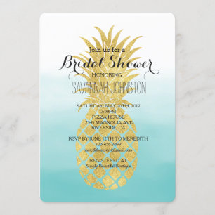 Glam Gold Pineapple Aqua Watercolor bridal shower Invitation