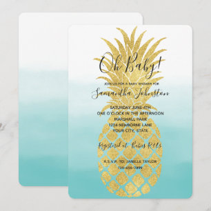 Glam Gold Pineapple Aqua Watercolor Ombre Invitation
