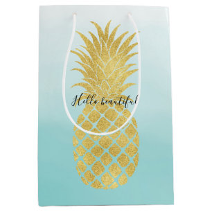 Glam Gold Pineapple Aqua Watercolor Ombre Medium Gift Bag