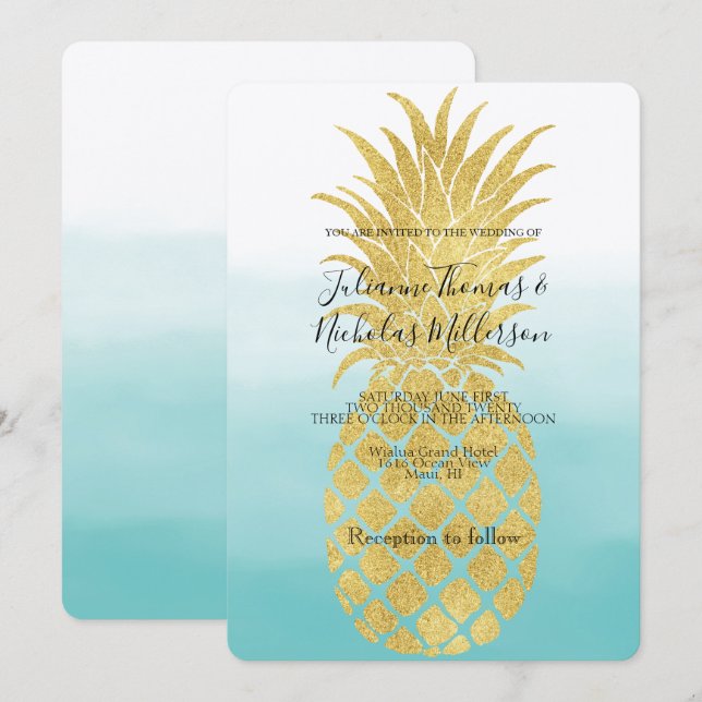 Glam Gold Pineapple Aqua Watercolor Ombre Wedding Invitation (Front/Back)