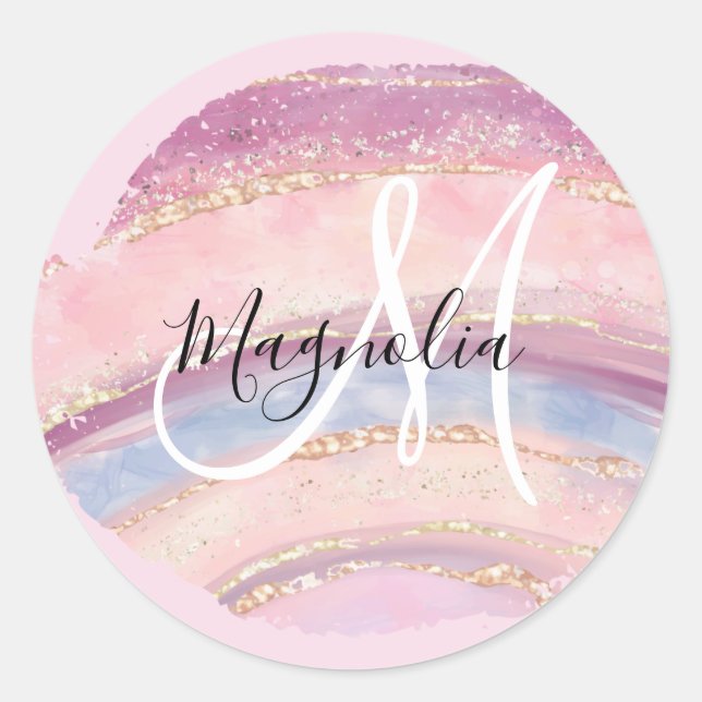 Glam Gold Pink Blue Gemstone Brush Stroke Monogram Classic Round Sticker (Front)